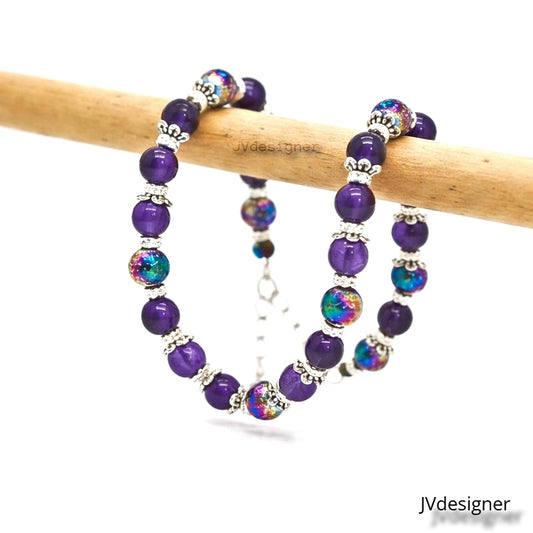 Amethyst Purple Gemstone Bracelet with Iridescent Glass Beads - Adjustable